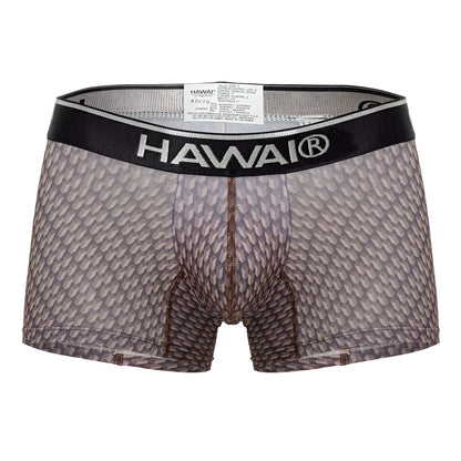 Gray patterned men’s boxer briefs with black waistband and hawai brand name in white color cocoa print
