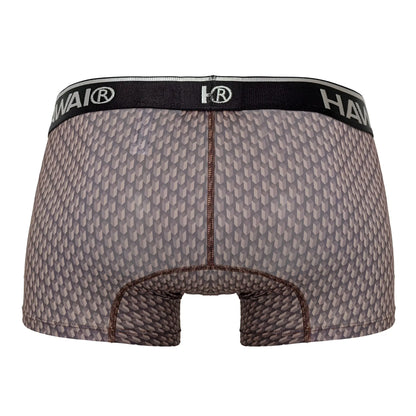 Gray patterned men’s boxer briefs with black hawai waistband in cocoa color printed trunks 42420 style