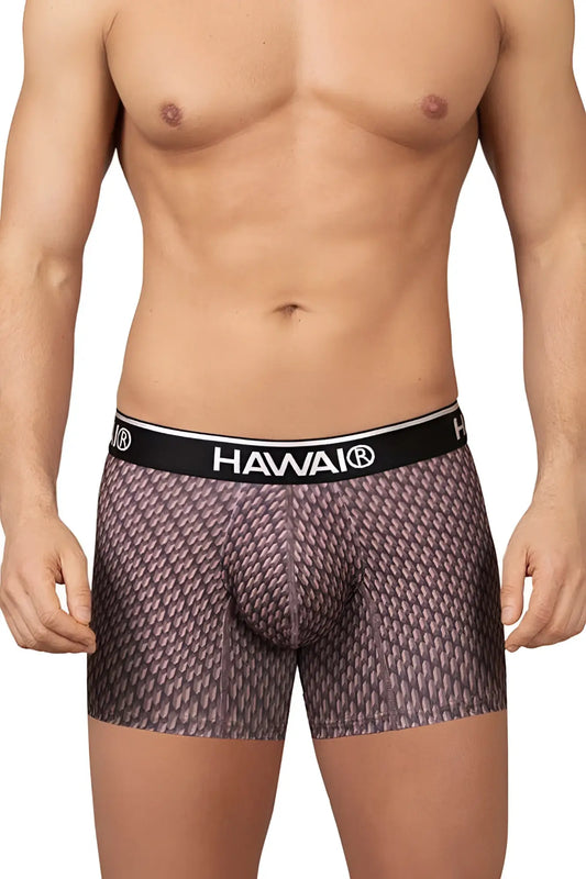 Hawai 42420 printed trunks men’s boxer briefs in cocoa with textured muted purple and gray scale-like pattern fabric