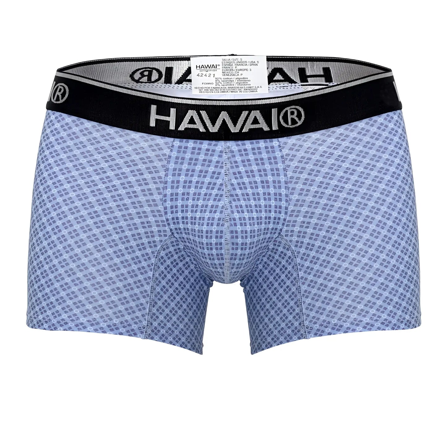 Light blue hawai 42421 printed trunks boxer briefs with subtle grid pattern and black elastic waistband