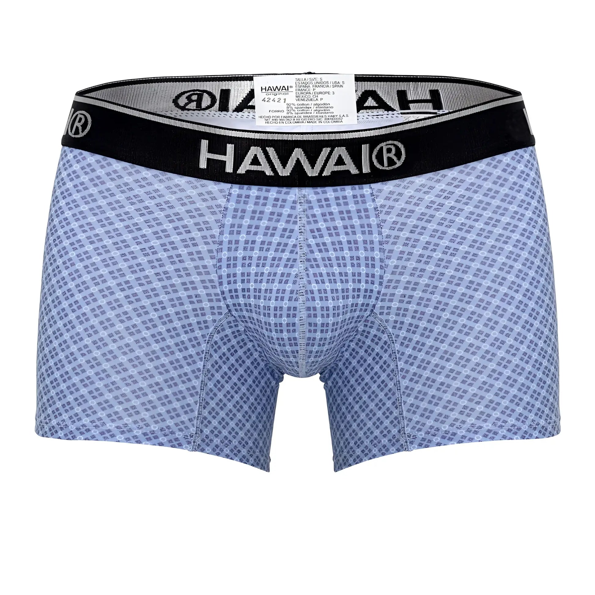 Light blue hawai 42421 printed trunks boxer briefs with subtle grid pattern and black elastic waistband