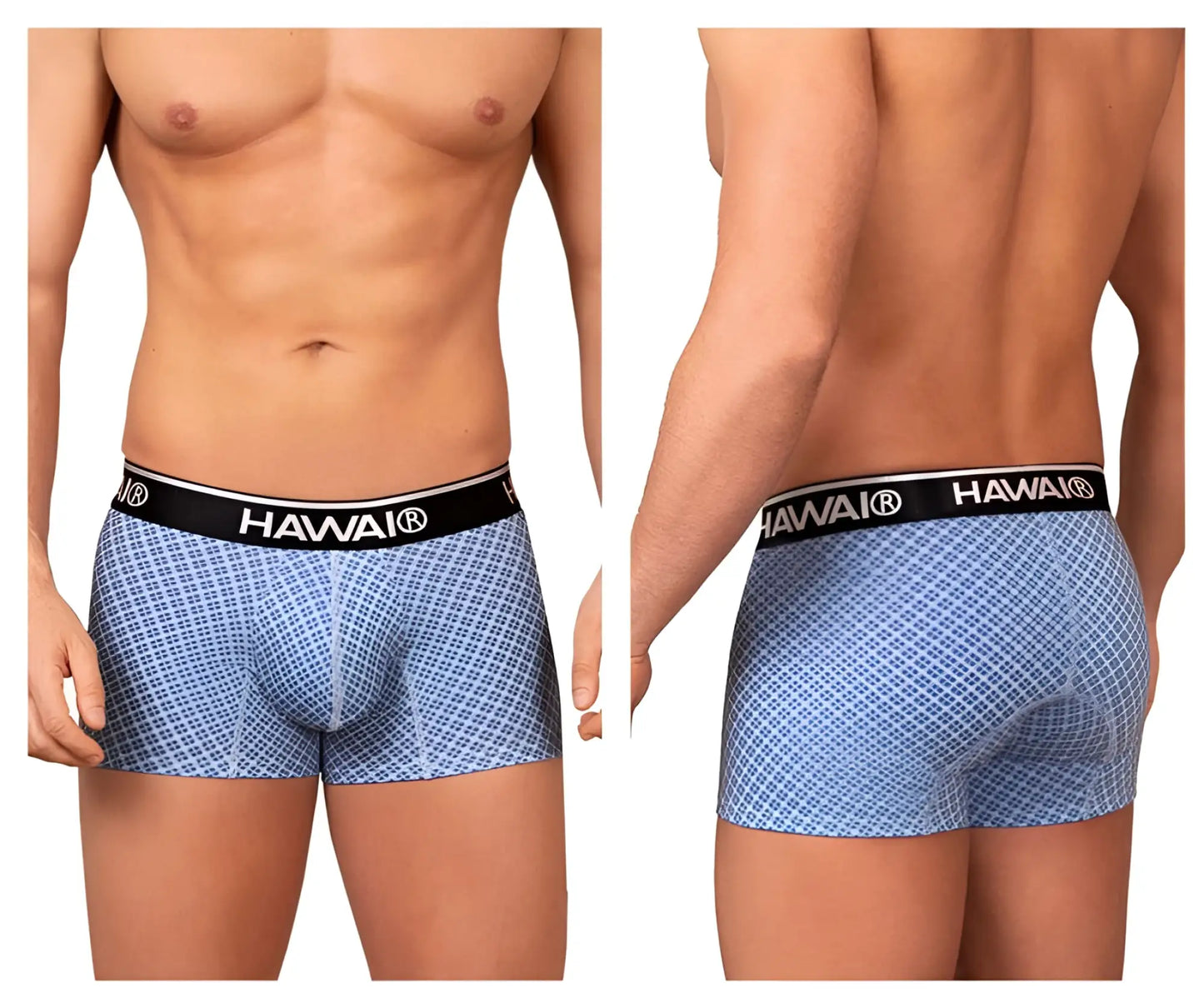 Light blue patterned boxer briefs with black waistband featuring hawai brand name in white lettering