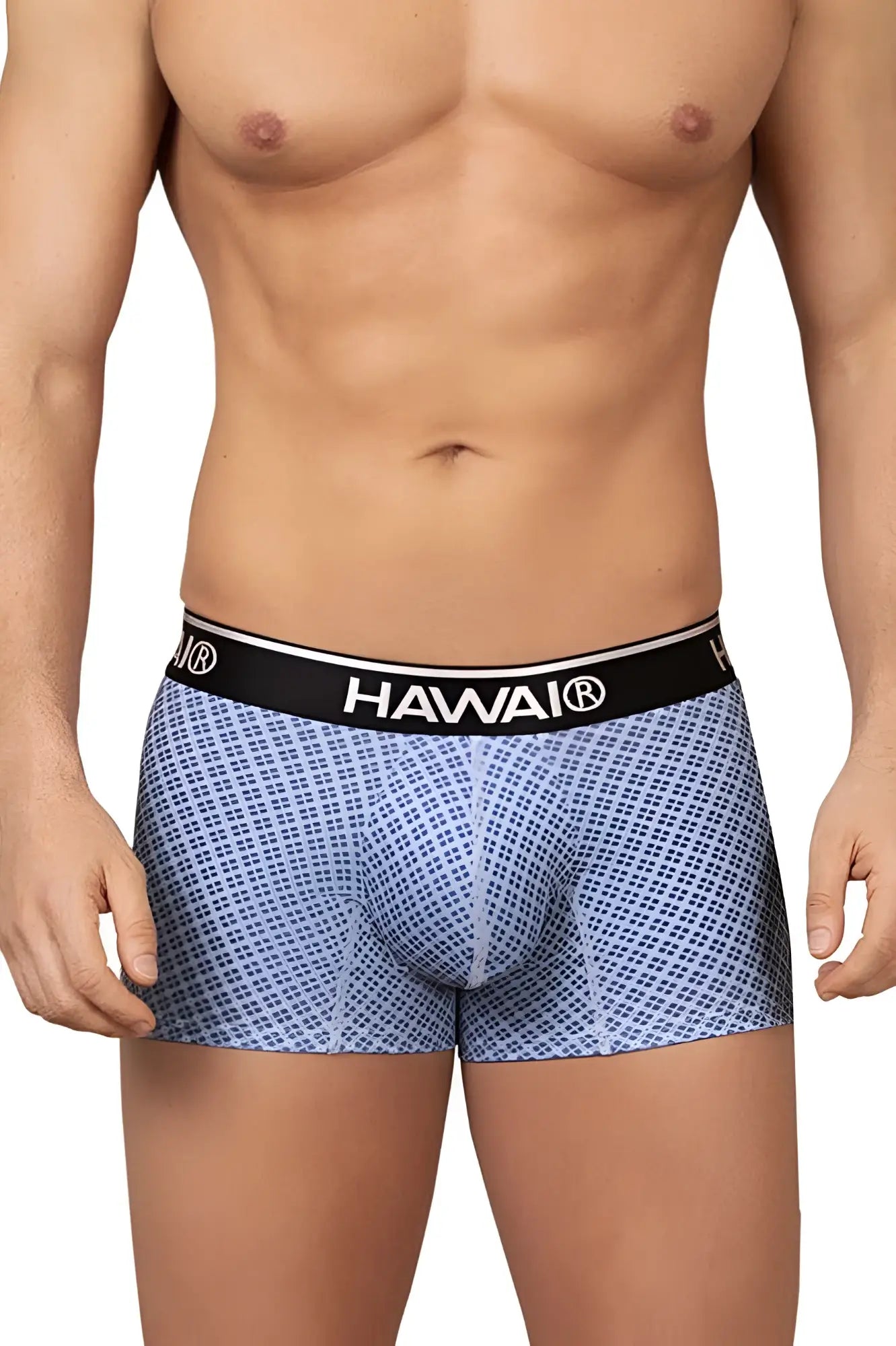 Blue patterned men’s briefs with black waistband featuring hawai brand name in white from hawai 42421 printed trunks