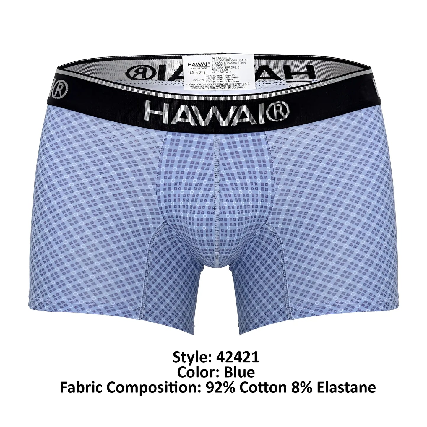 Blue patterned men’s boxer briefs with black waistband featuring hawai brand name from hawai 42421 printed trunks