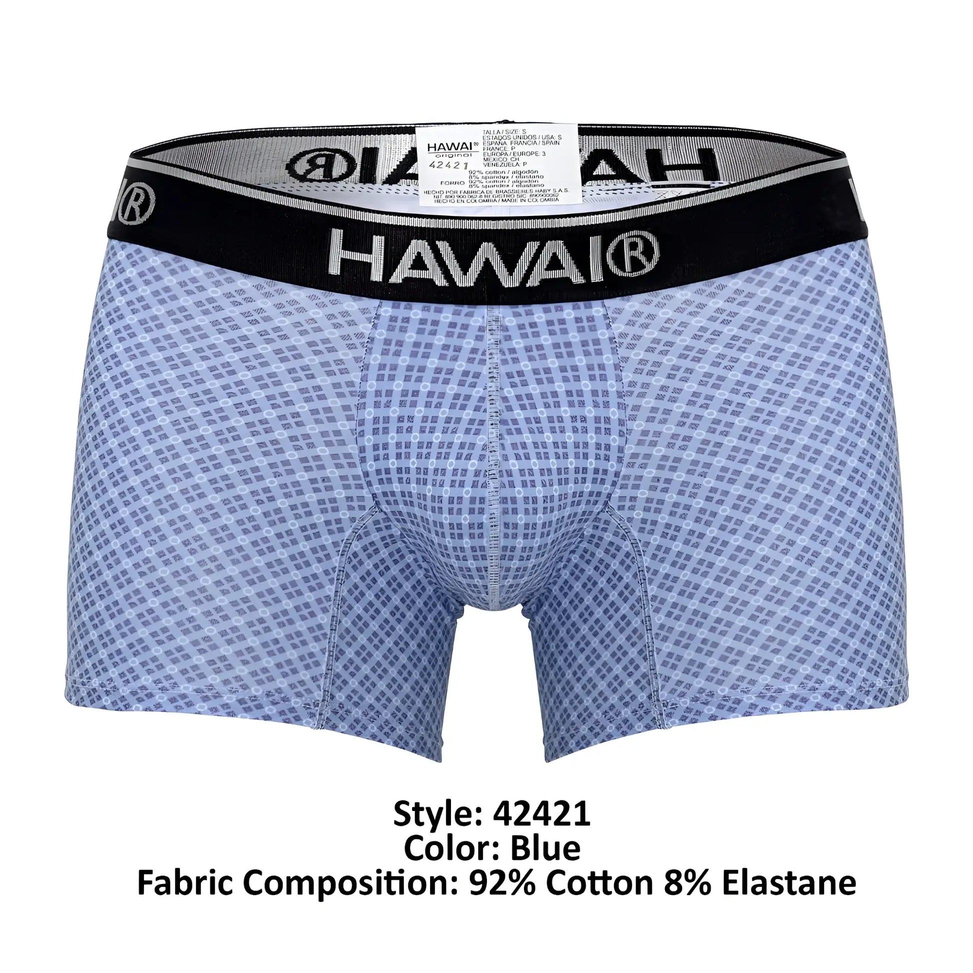 Blue patterned men’s boxer briefs with black waistband featuring hawai brand name from hawai 42421 printed trunks