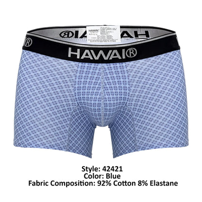 Blue patterned men’s boxer briefs with black waistband featuring hawai brand name from hawai 42421 printed trunks
