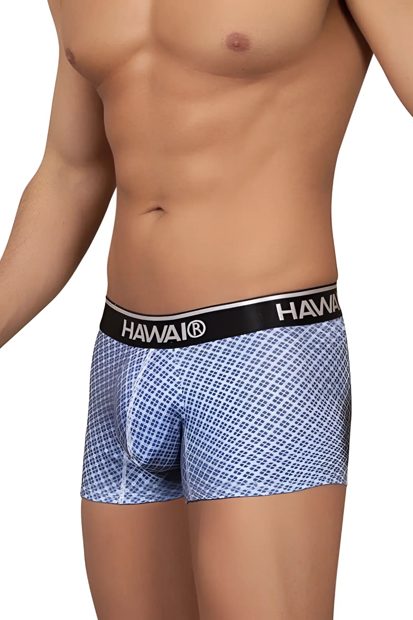 Blue and white checkered hawai printed trunks men’s boxer briefs with black waistband in blue color