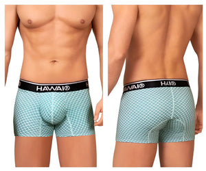 Light blue patterned boxer briefs with black hawaii waistband in green HAWAI 42421 printed trunks design