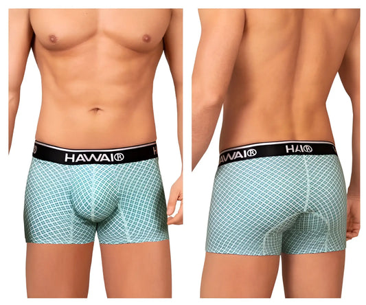 Light blue patterned boxer briefs with black hawaii waistband in green HAWAI 42421 printed trunks design