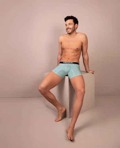 Light blue patterned boxer briefs with black hawaiian waistband in green color for comfortable everyday wear