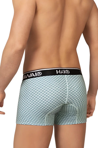 Light blue patterned Havai men’s boxer briefs with black waistband in green HAWAI 42421 printed trunks design