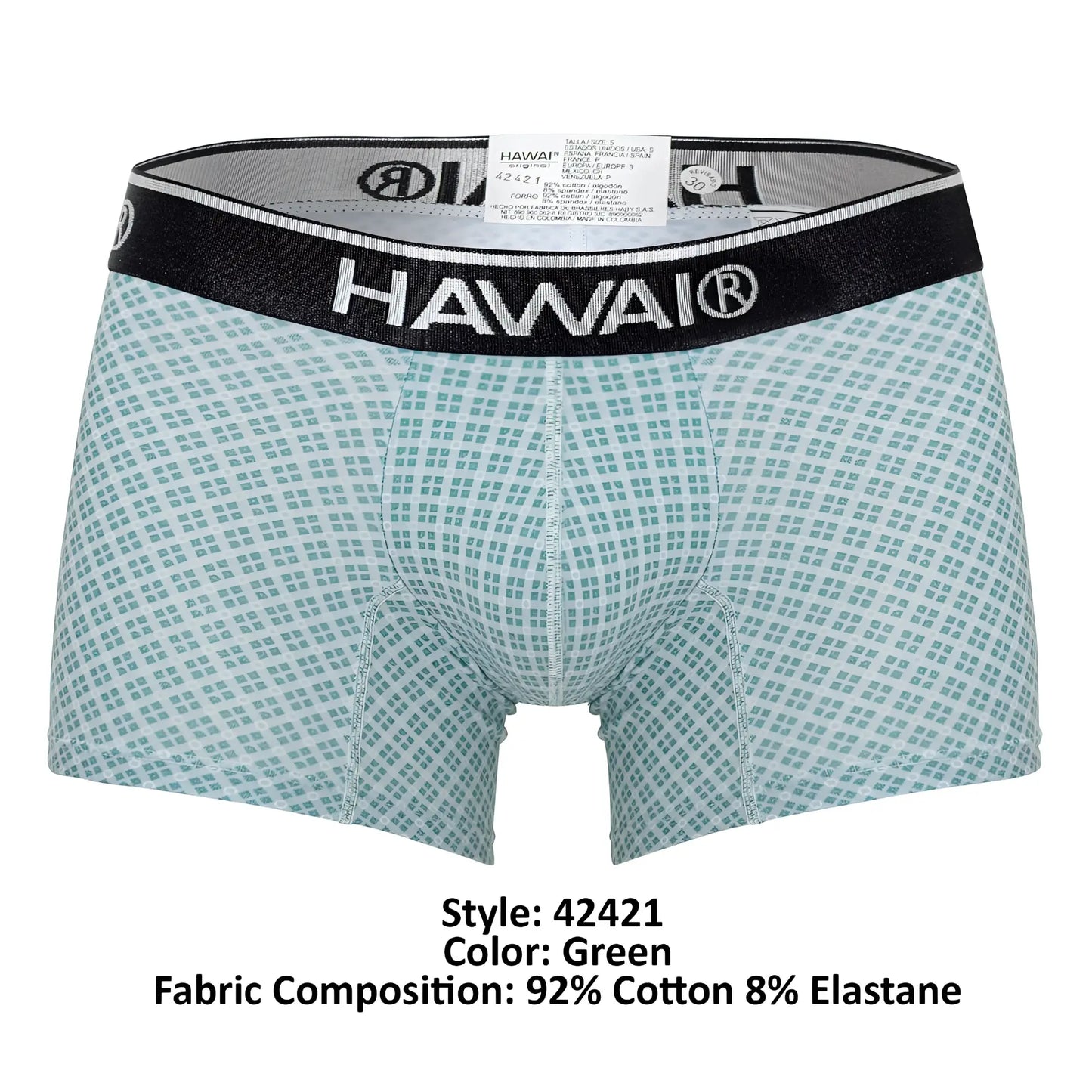 Green patterned HAWAI 42421 printed boxer briefs with black waistband featuring white HAWAI branding