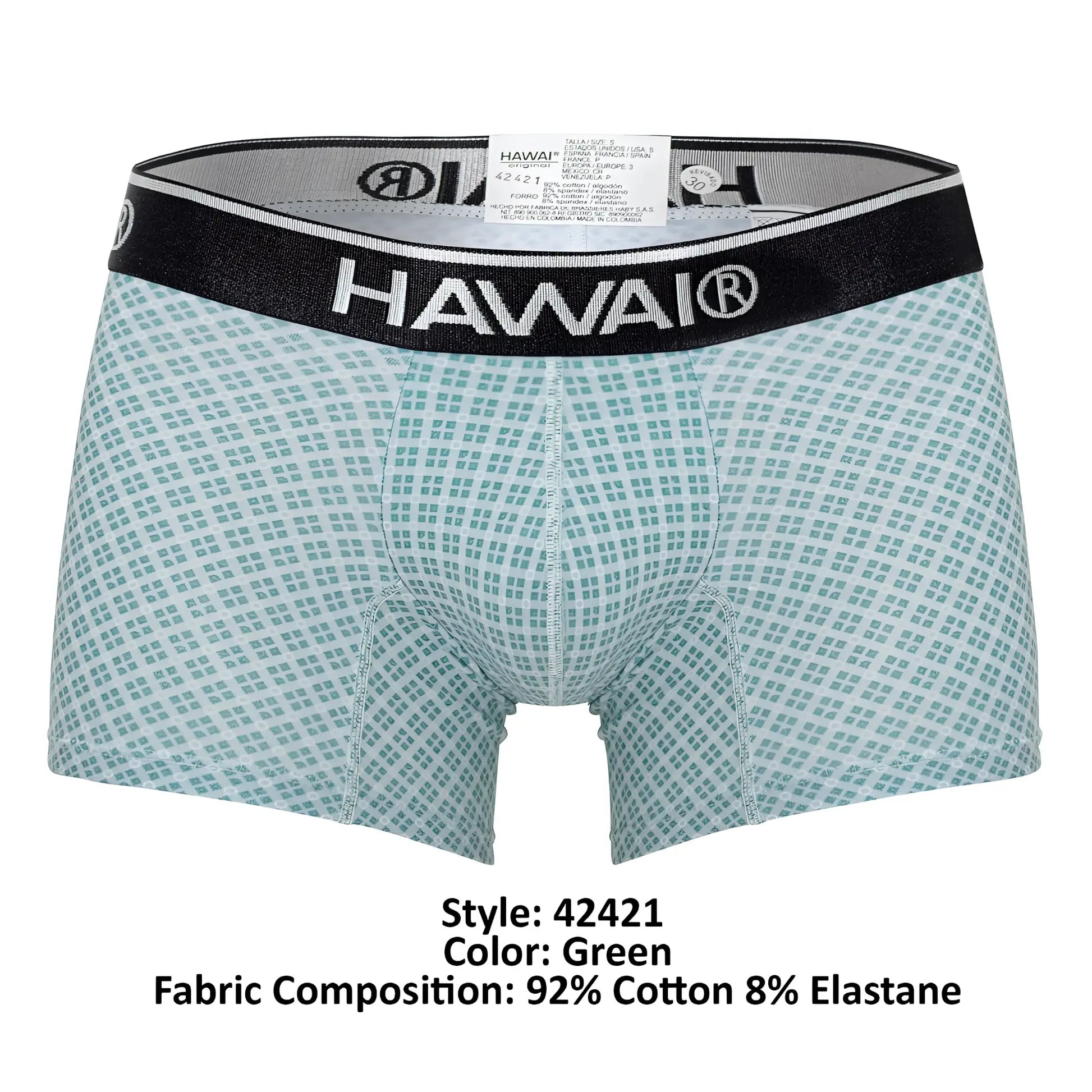 Green patterned HAWAI 42421 printed boxer briefs with black waistband featuring white HAWAI branding