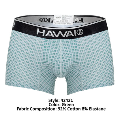 Green patterned HAWAI 42421 printed boxer briefs with black waistband featuring white HAWAI branding
