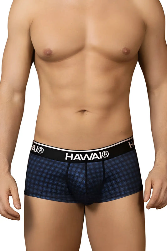 Blue checkered hawai 42430 printed men’s briefs with black elastic waistband for comfortable everyday wear