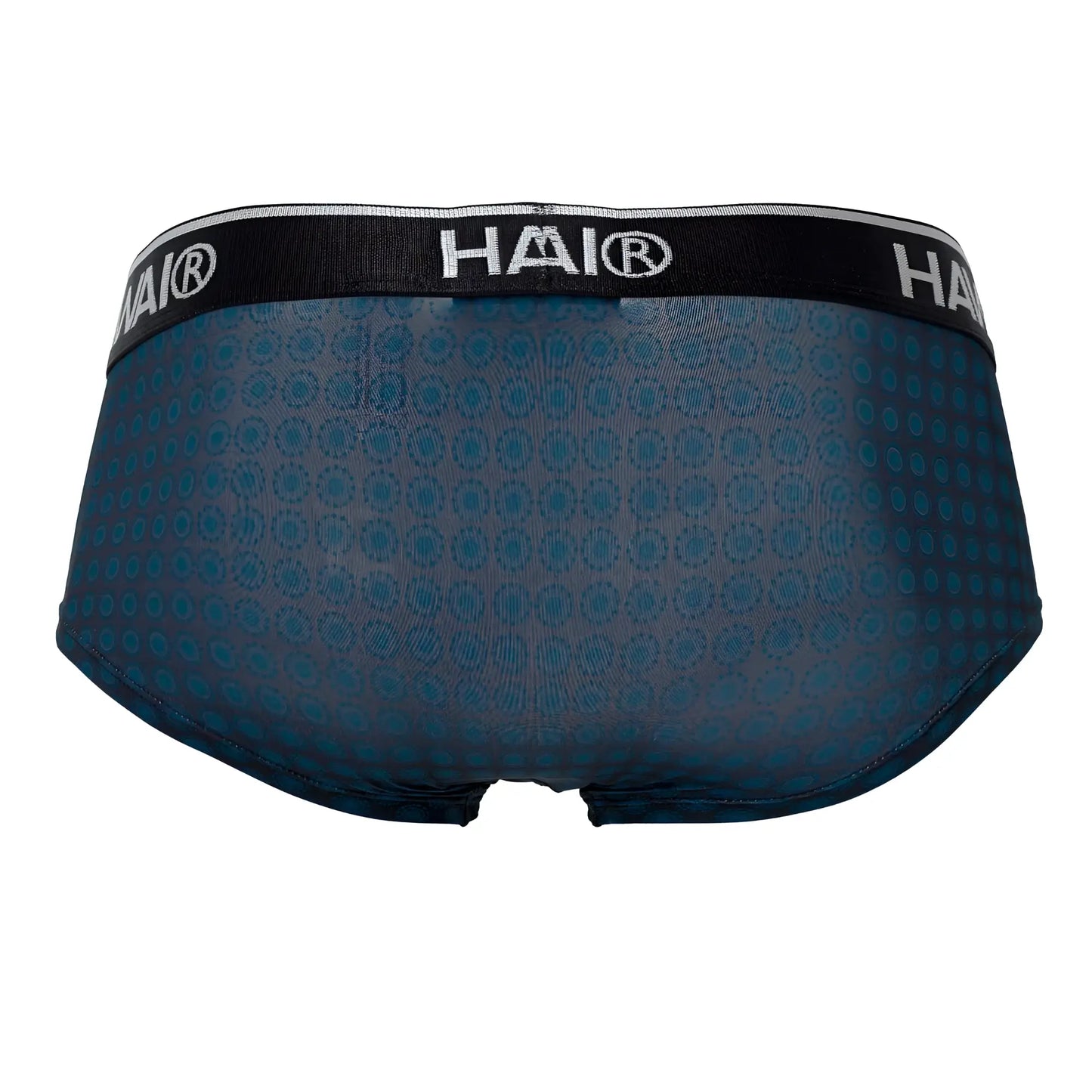 Dark blue hawai 42430 printed men’s briefs with subtle teal circular pattern and black hai® logo waistband
