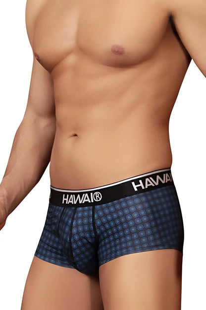 Blue patterned Hawai 42430 boxer briefs with black waistband featuring white lettering for comfortable everyday wear