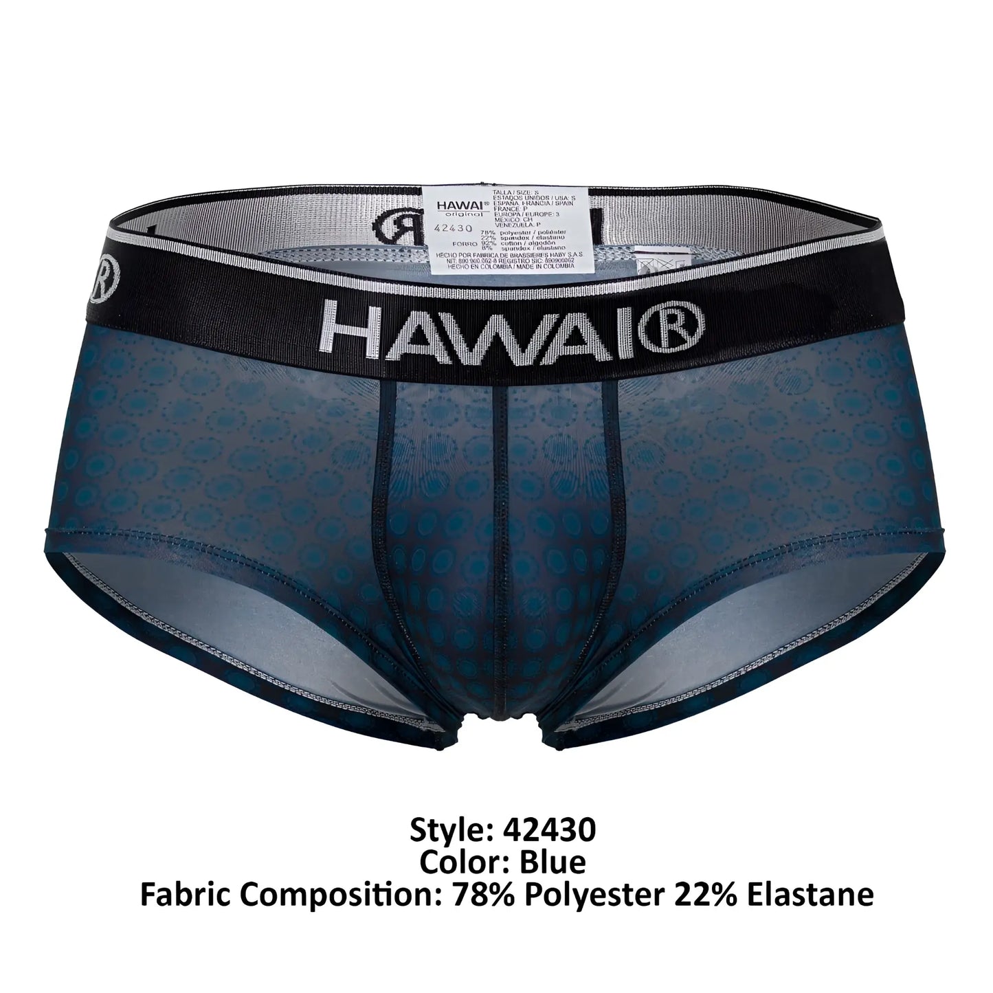 Blue patterned hawai 42430 printed men’s briefs with black waistband and subtle shell-like design