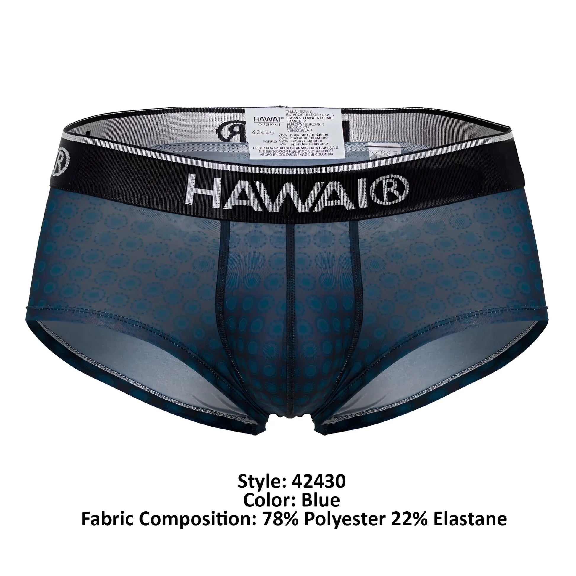 Blue patterned hawai 42430 printed men’s briefs with black waistband and subtle shell-like design