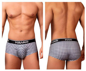 Gray patterned havai men’s briefs with black elastic waistband and brand logo in printed briefs color gray design