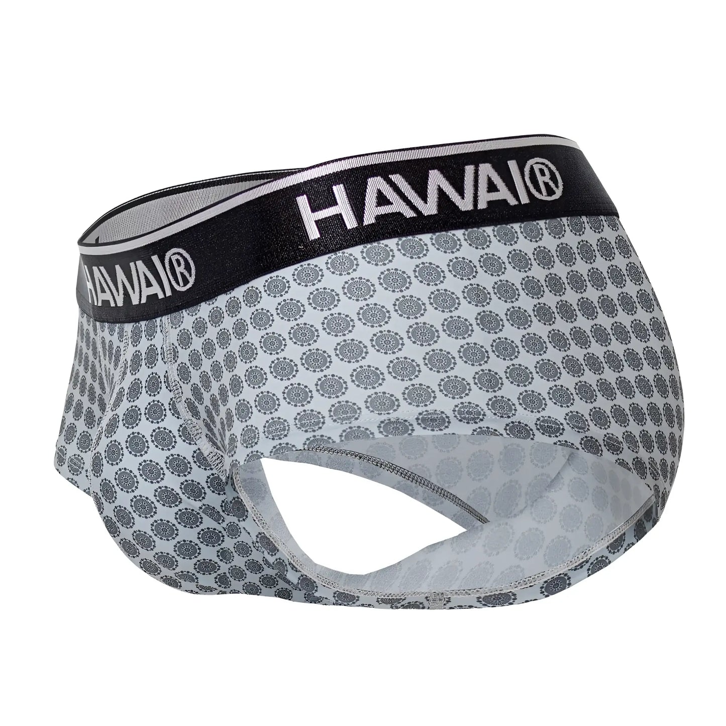 Gray patterned hawai 42430 men’s briefs with a black waistband featuring the brand name in white lettering