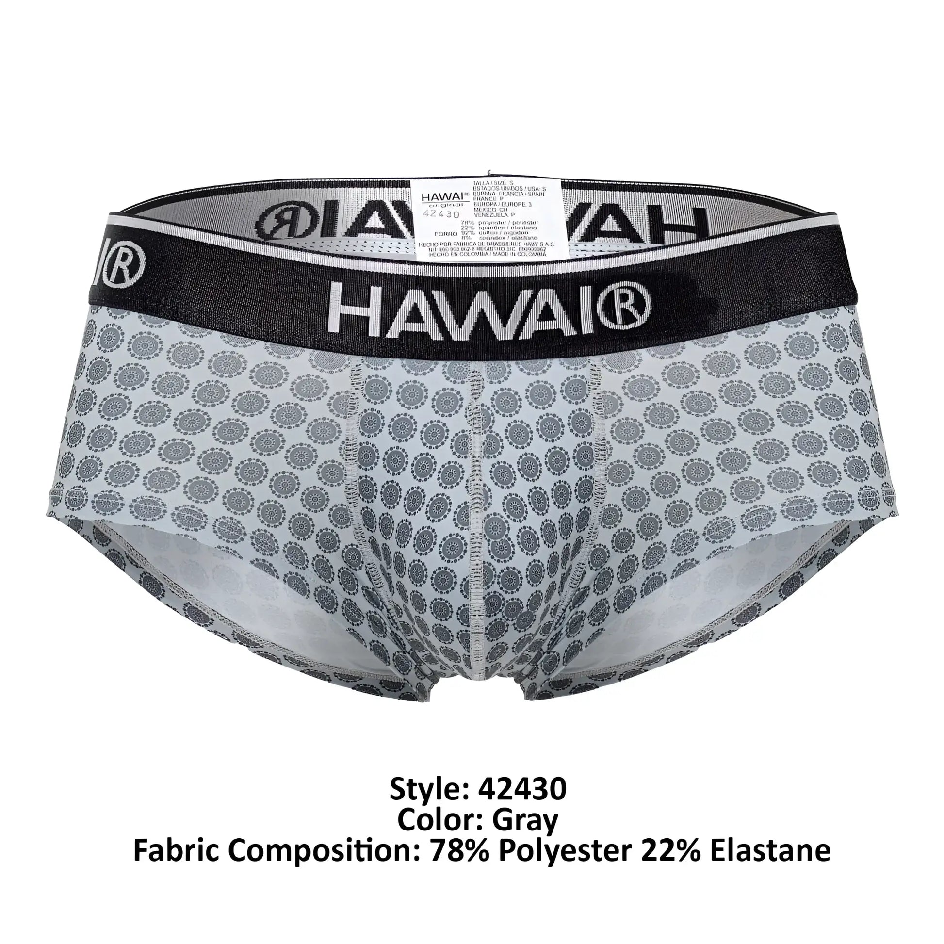 Gray patterned hawai 42430 printed men’s briefs with black elastic waistband and white brand logo for comfortable wear