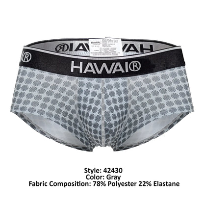 Gray patterned hawai 42430 printed men’s briefs with black elastic waistband and white brand logo for comfortable wear