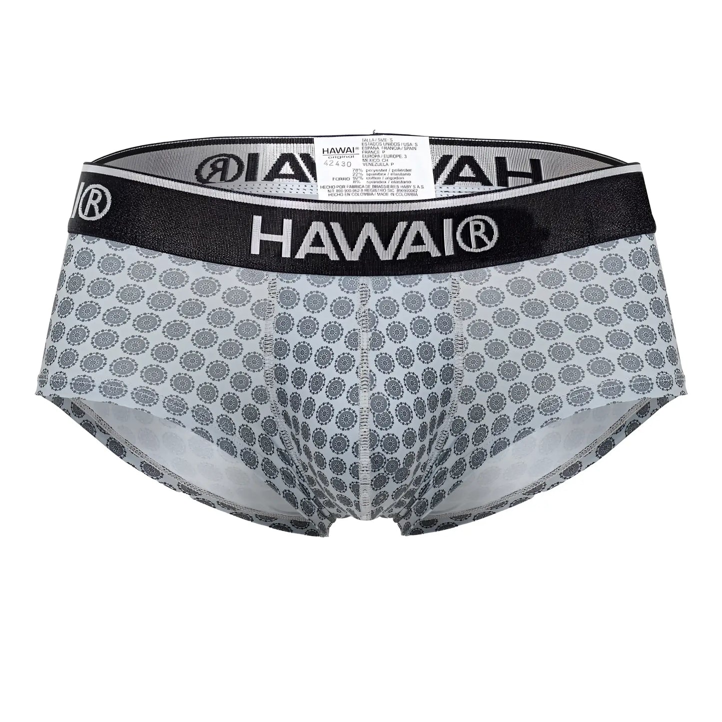 Gray patterned Hawai 42430 printed men’s briefs with a black waistband featuring the Hawai brand name in white lettering