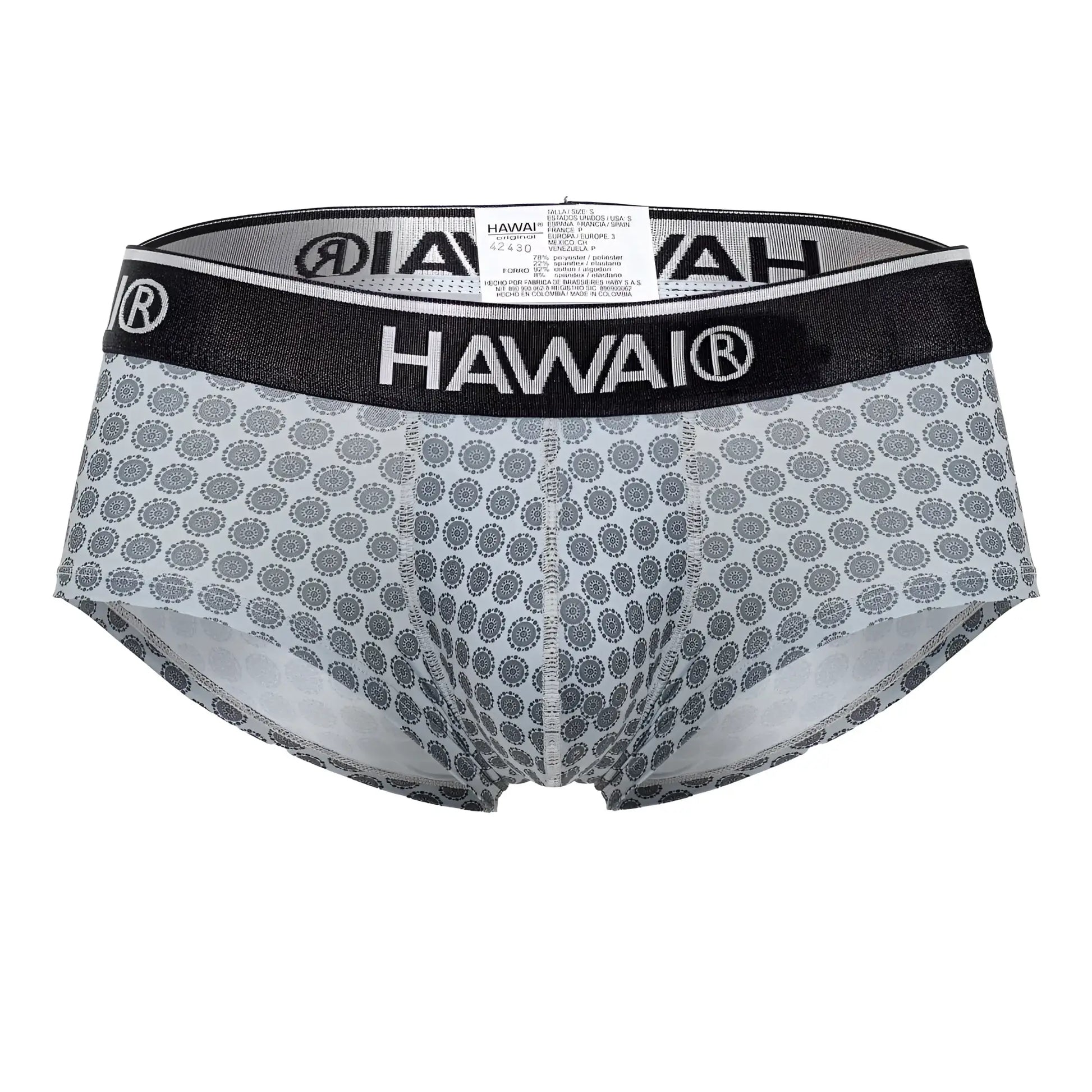 Gray patterned Hawai 42430 printed men’s briefs with a black waistband featuring the Hawai brand name in white lettering