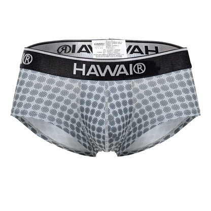 Gray patterned Hawai 42430 printed men’s briefs with a black waistband featuring the Hawai brand name in white lettering
