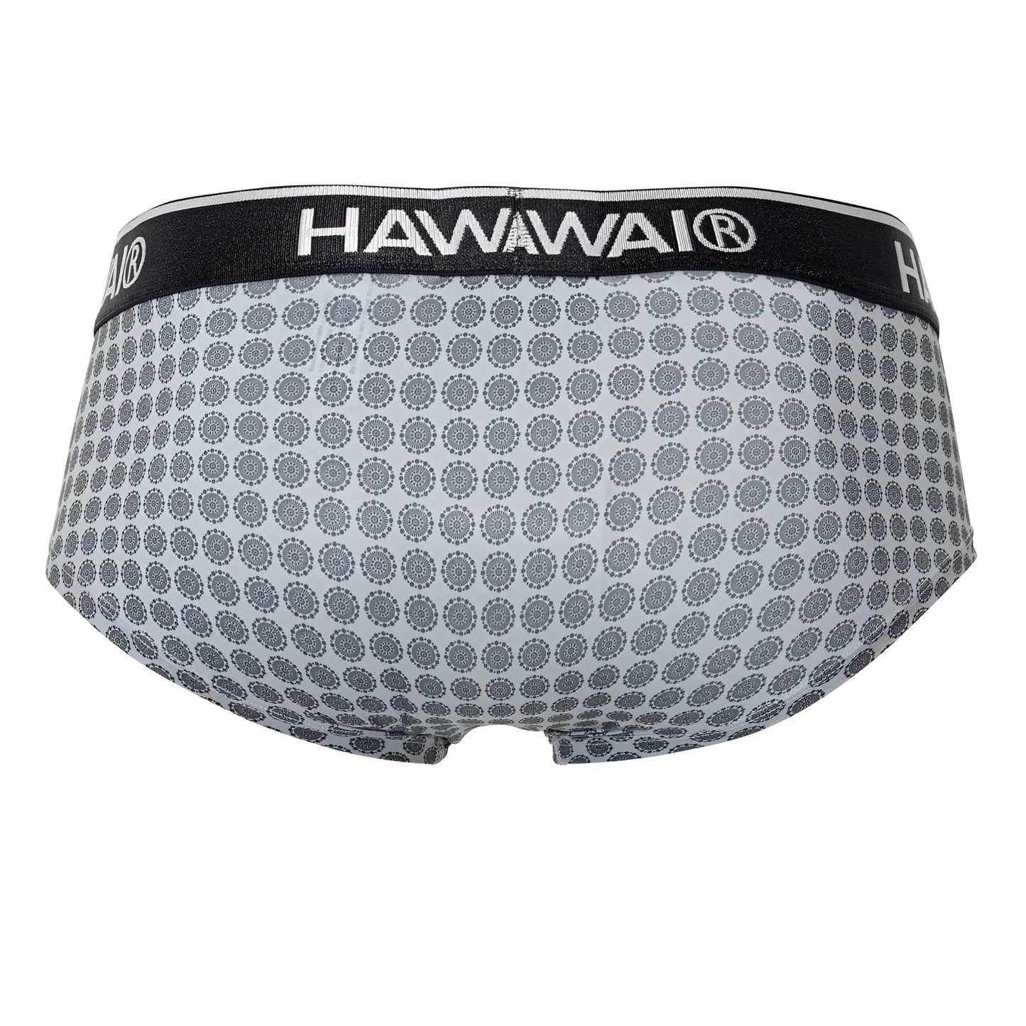 Gray patterned men’s briefs with a black waistband featuring the hawaii brand name for comfortable daily wear