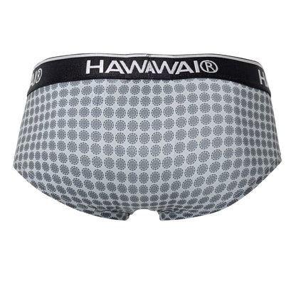 Gray patterned men’s briefs with a black waistband featuring the hawaii brand name for comfortable daily wear