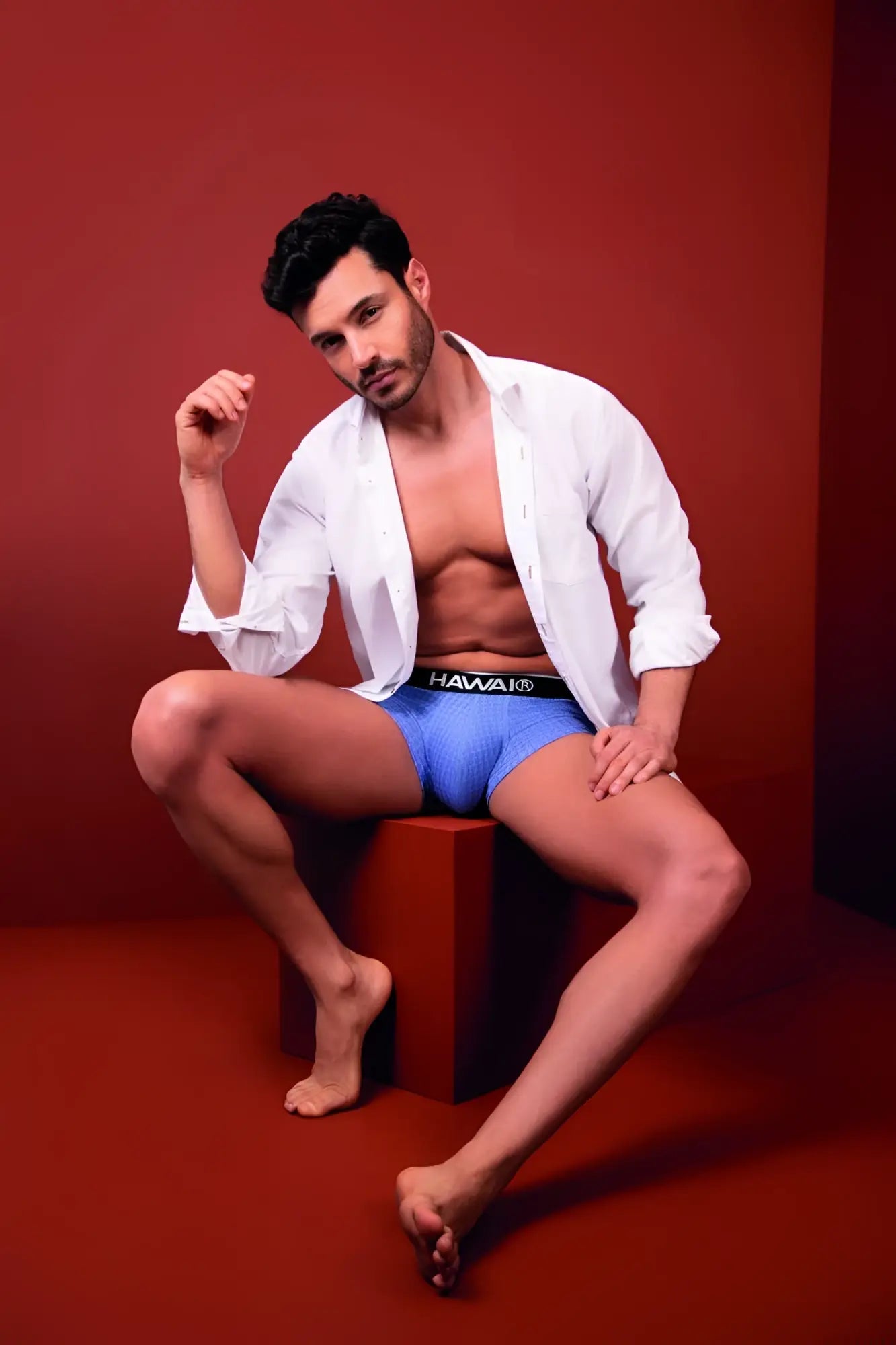 Blue havaianas men’s briefs hawaia 42431 with black waistband featuring brand logo in printed blue fabric