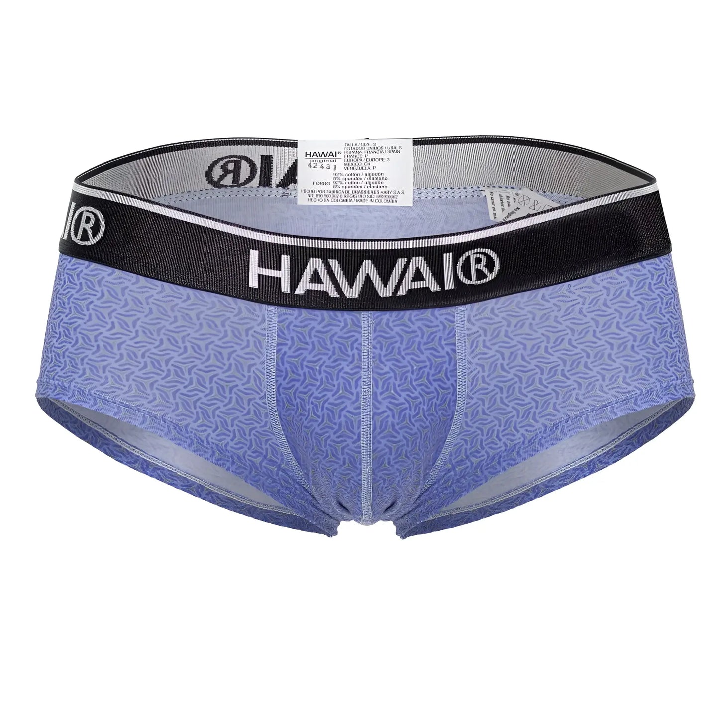 Blue patterned men’s briefs with black waistband featuring Hawai branding in white lettering model 42431