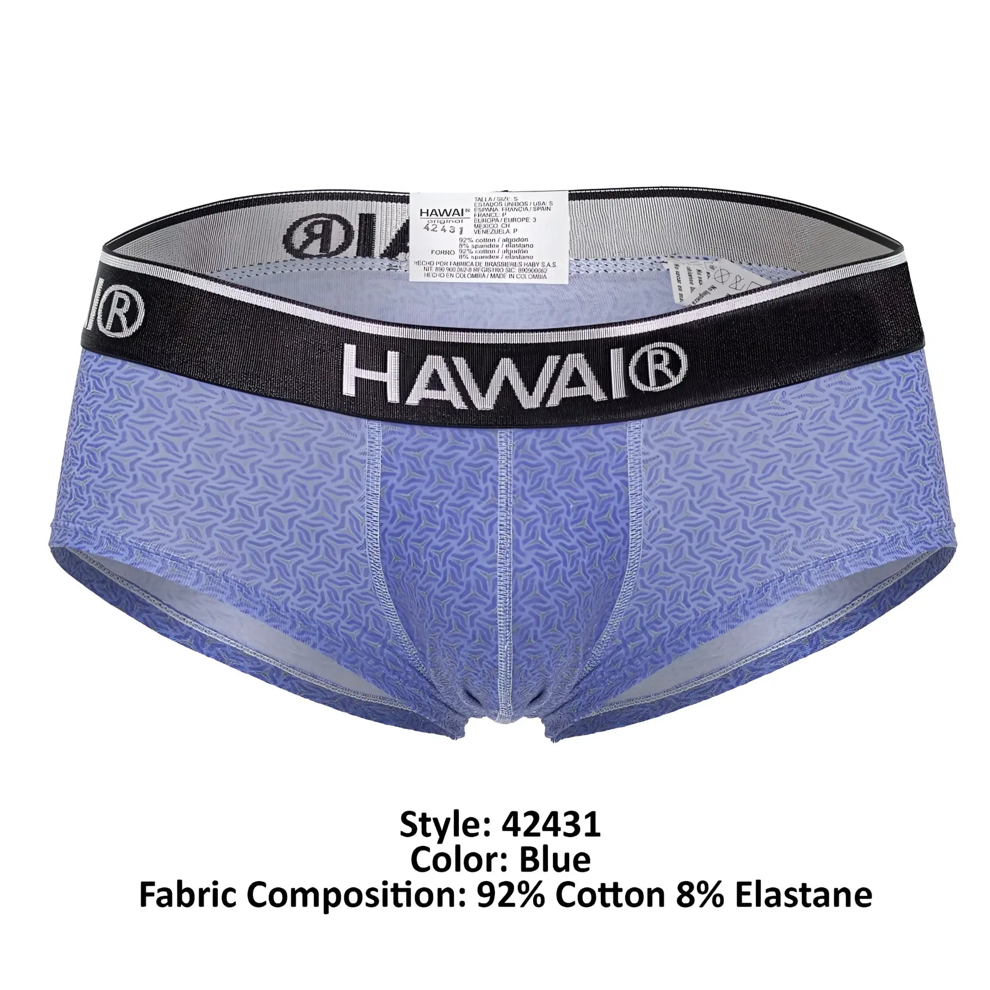 Blue patterned men’s briefs with a black waistband featuring the hawai brand name in white lettering, model 42431
