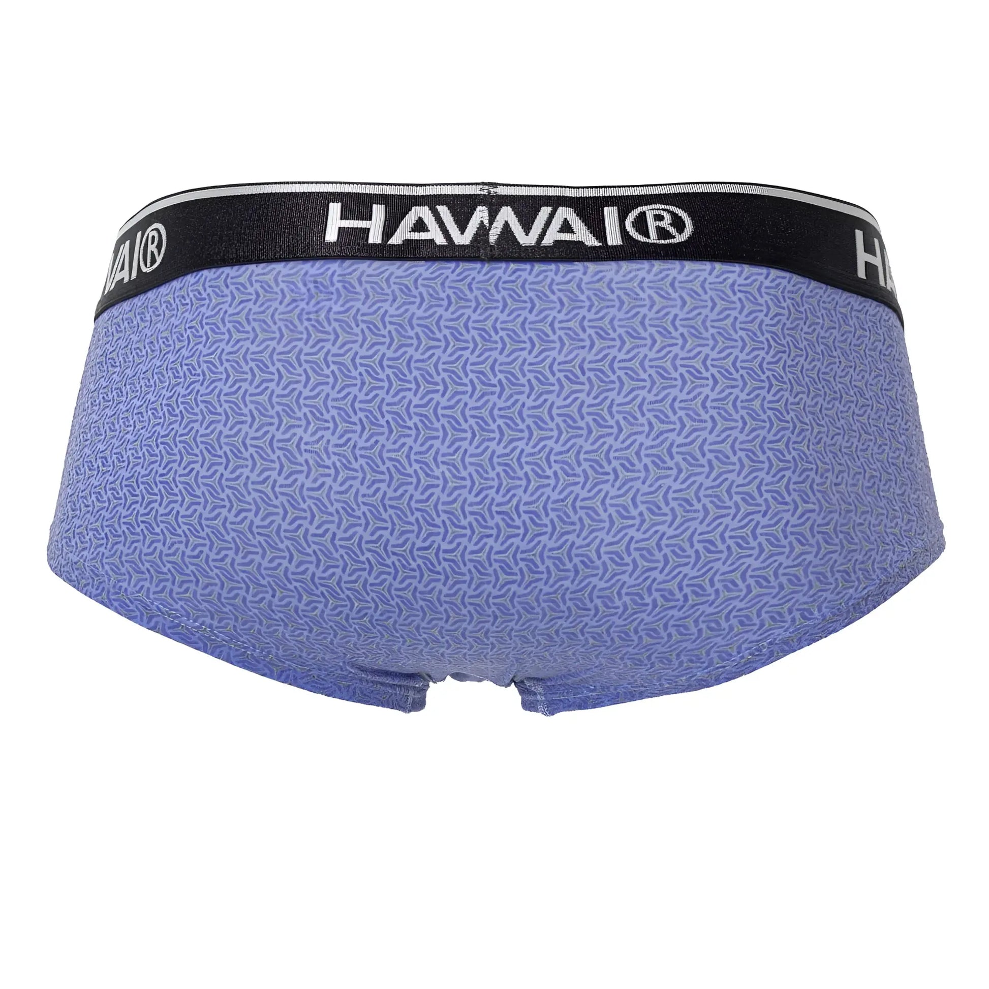 Hawai 42431 printed briefs in blue with purple patterns and a black waistband featuring white lettering