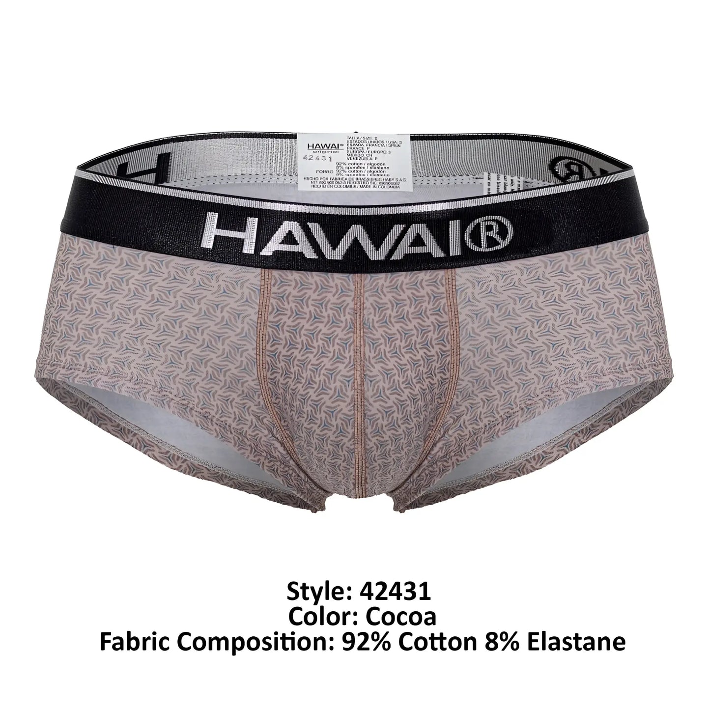 Hawai 42431 printed briefs in cocoa color with subtle leaf pattern and black elastic waistband featuring brand logo
