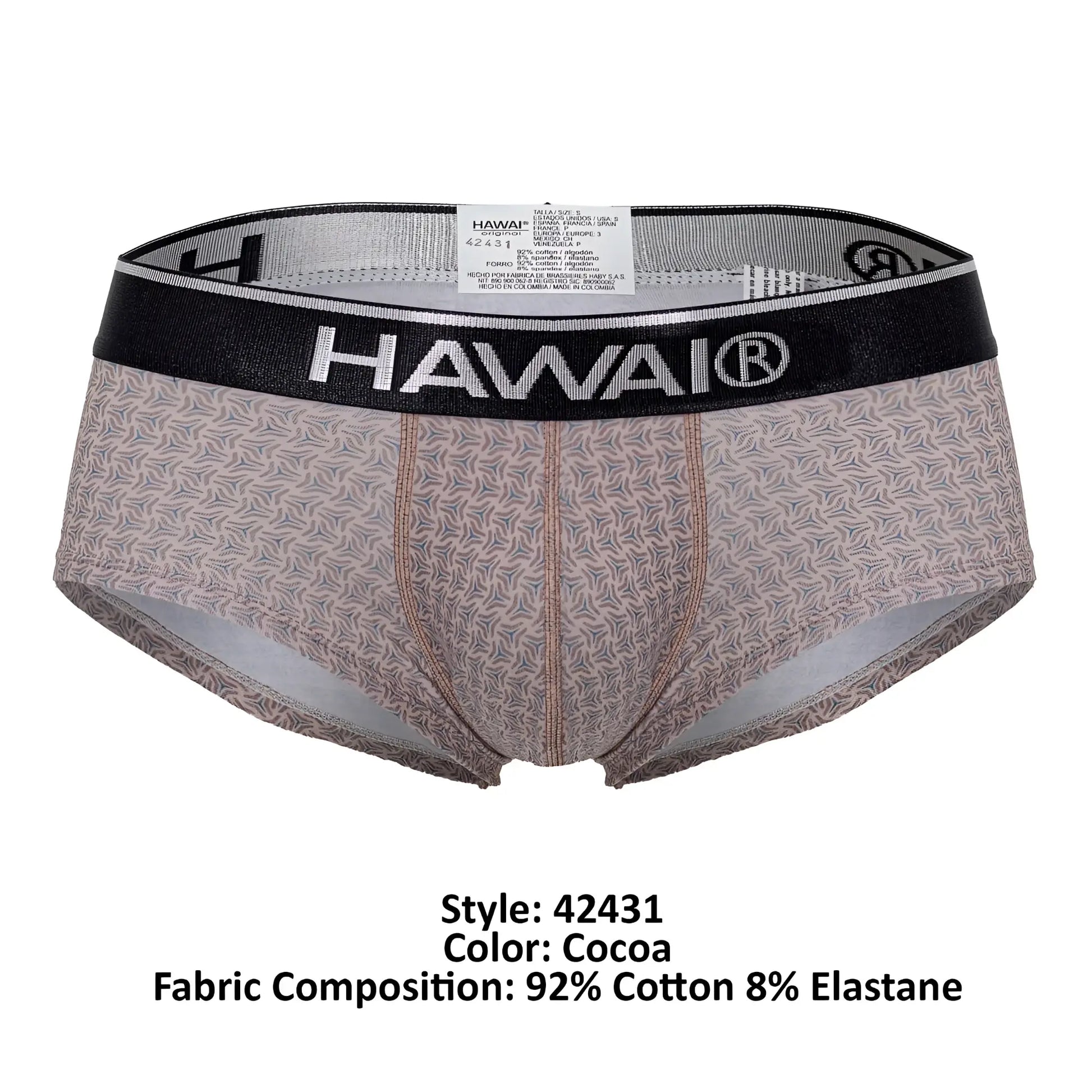 Hawai 42431 printed briefs in cocoa color with subtle leaf pattern and black elastic waistband featuring brand logo