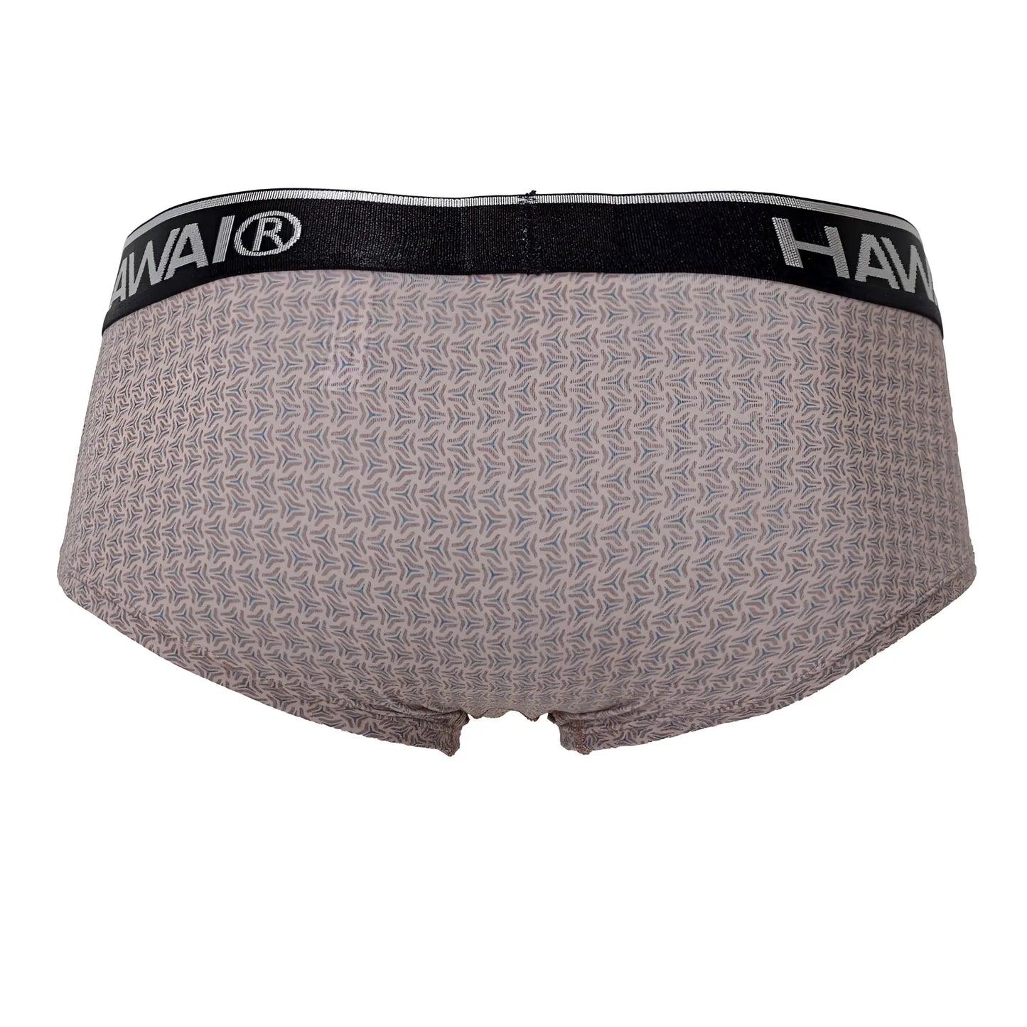 Gray patterned briefs with black hawai waistband in cocoa color featuring printed design for comfortable wear