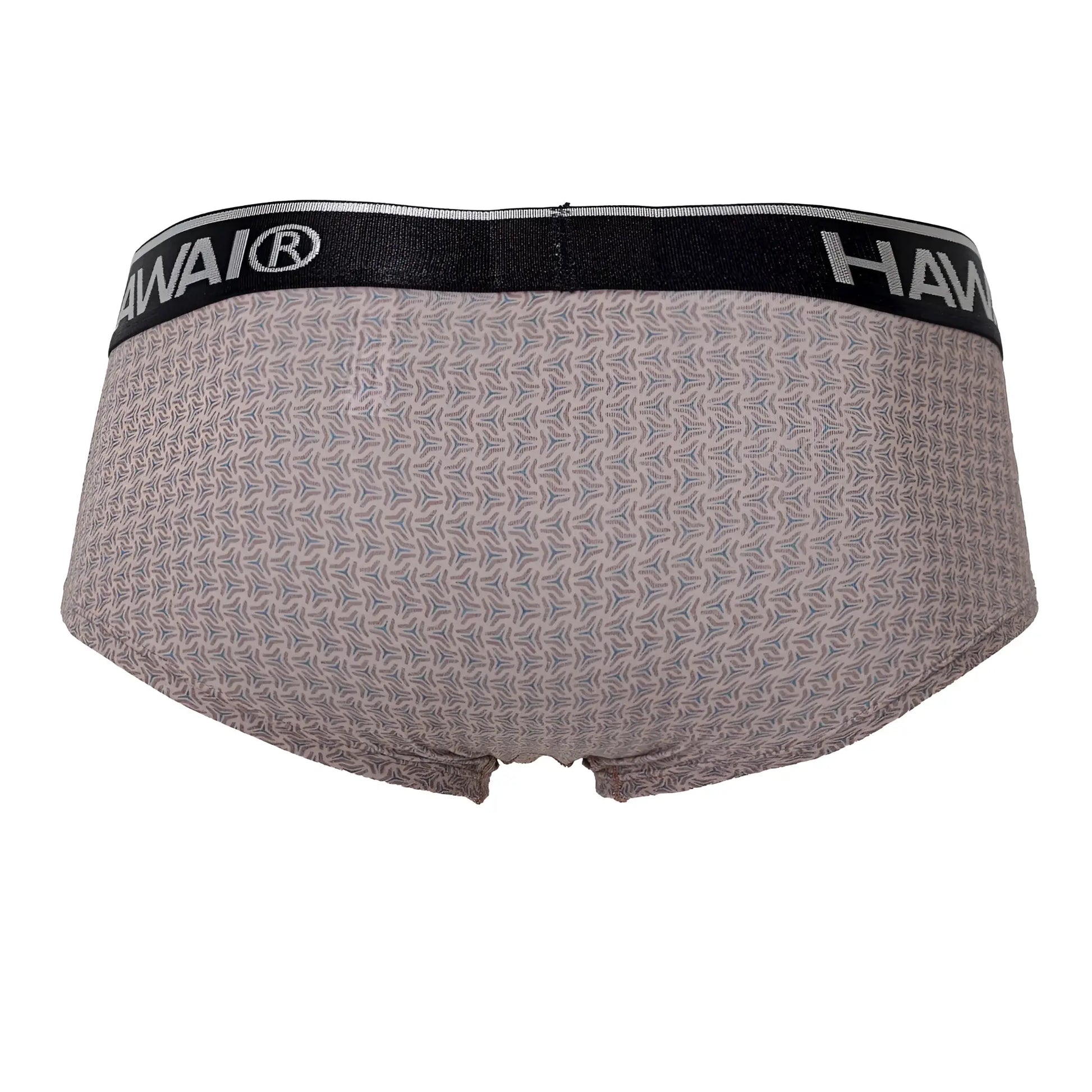 Gray patterned briefs with black hawai waistband in cocoa color featuring printed design for comfortable wear