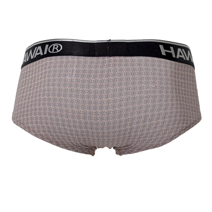Gray patterned briefs with black hawai waistband in cocoa color featuring printed design for comfortable wear