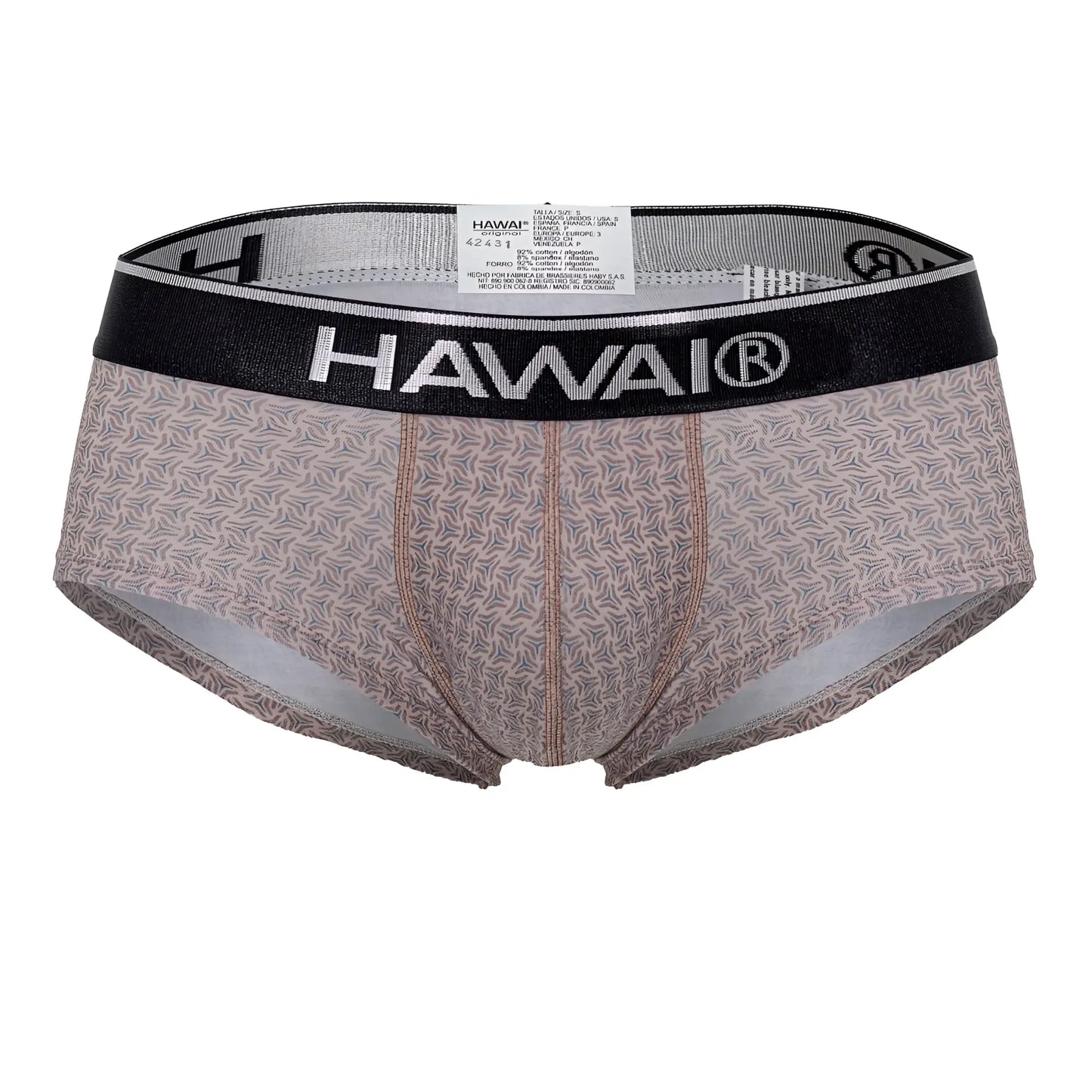 Hawaii HAWAI 42431 printed briefs in cocoa with beige and gray leaf pattern and black elastic waistband