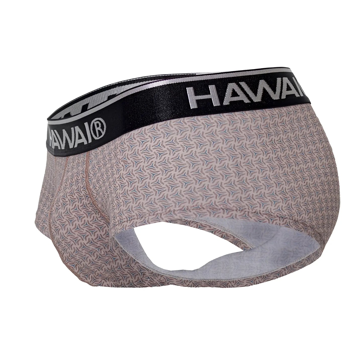 Hawaii 42431 printed men’s briefs in cocoa beige fabric with gray geometric pattern and black elastic waistband