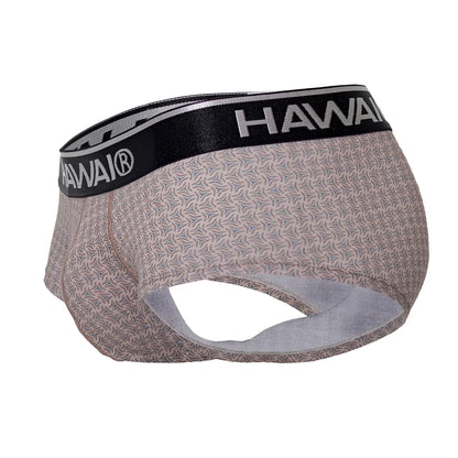 Hawaii 42431 printed men’s briefs in cocoa beige fabric with gray geometric pattern and black elastic waistband