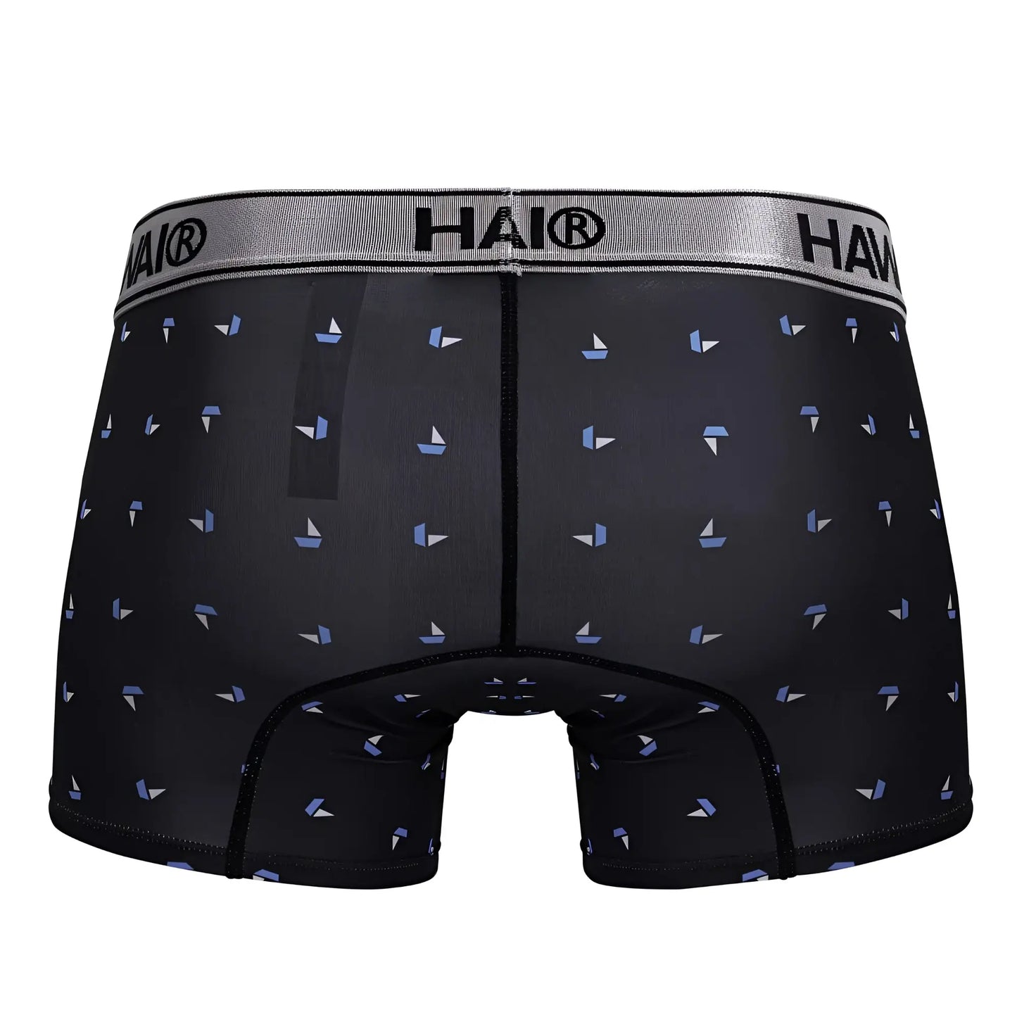 Black hai boxer briefs in black microfiber with a subtle light blue and white sailboat print pattern
