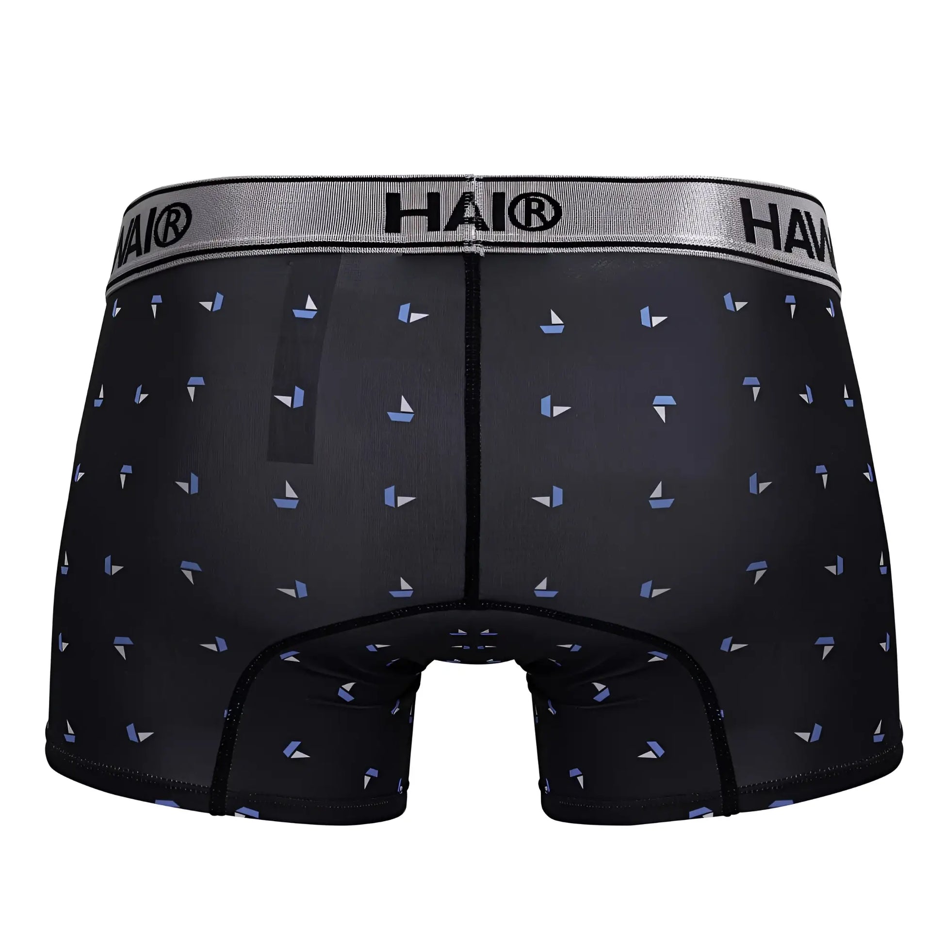 Black hai boxer briefs in black microfiber with a subtle light blue and white sailboat print pattern