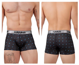 Black havai printed microfiber boxer briefs with subtle blue bird pattern and silver waistband color black