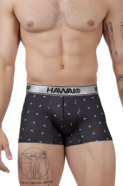 Black hawai boxer briefs in microfiber with a subtle blue sailboat print and silver waistband model 42470