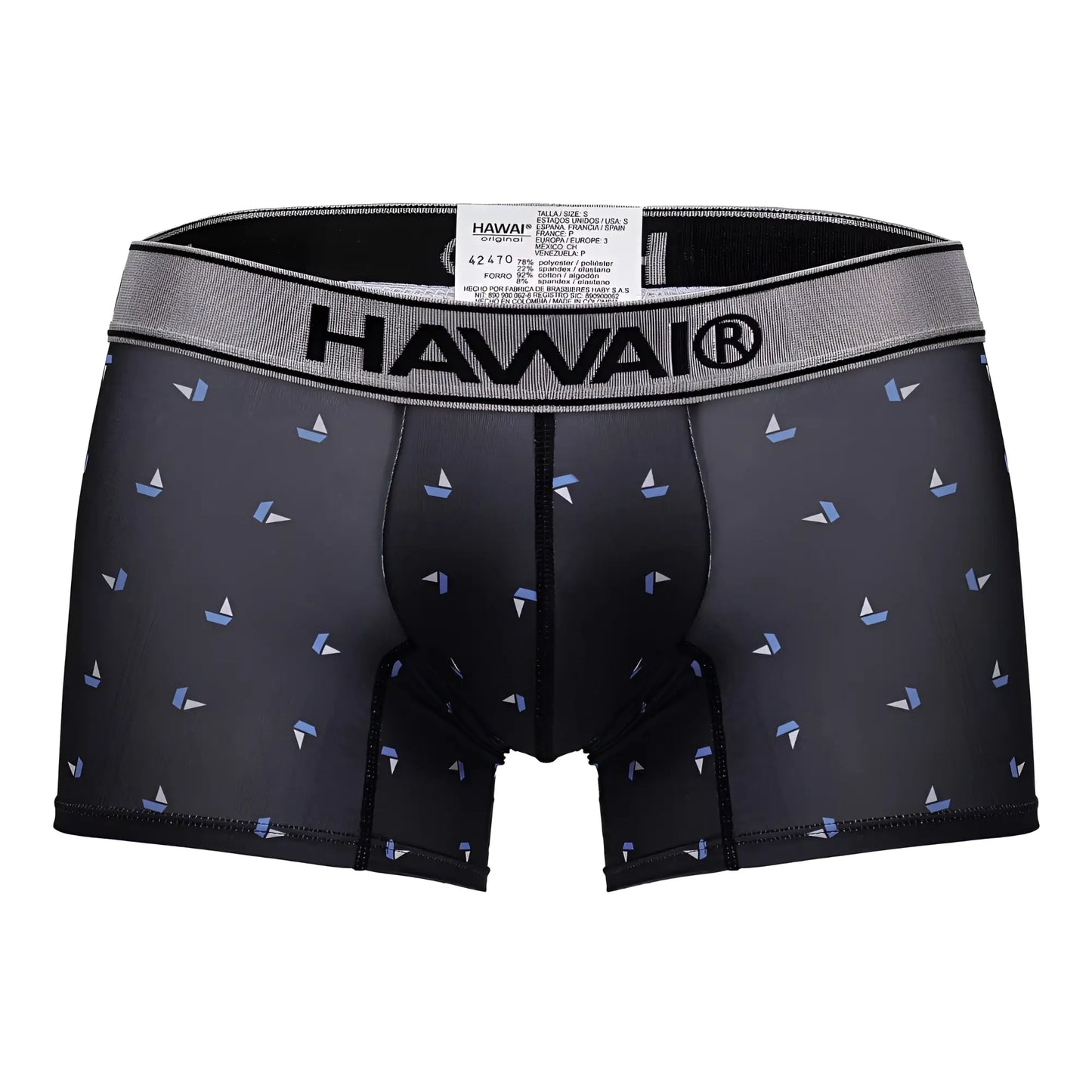 Black hawaii 42470 printed microfiber trunks featuring subtle light blue and white sailboat pattern on black fabric