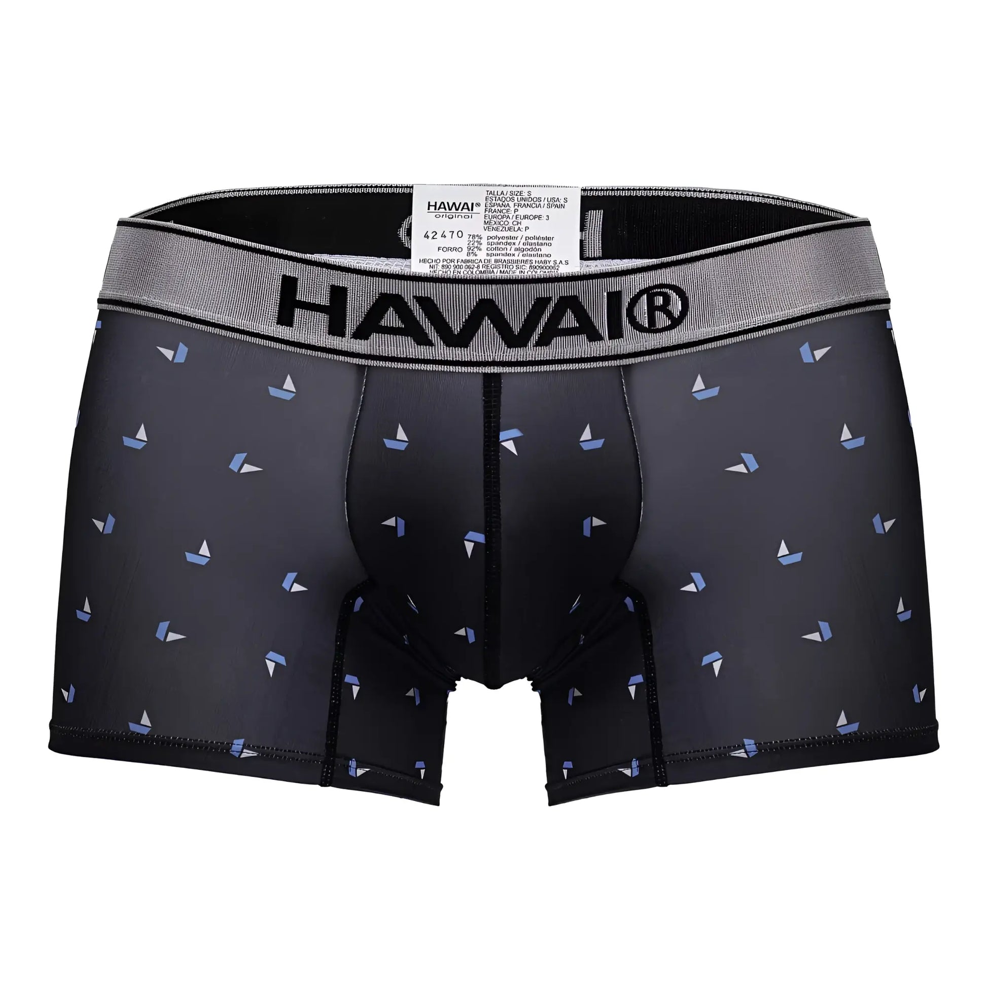 Black hawaii 42470 printed microfiber trunks featuring subtle light blue and white sailboat pattern on black fabric